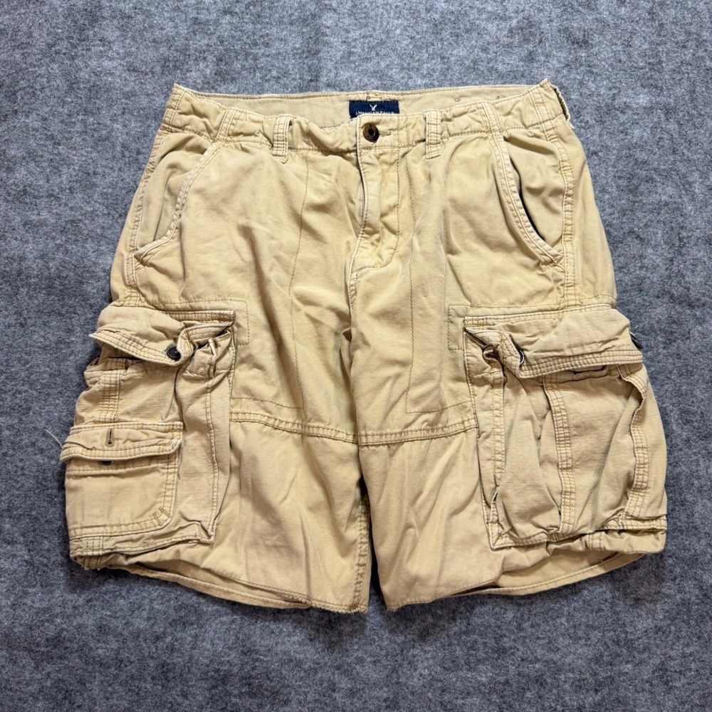 Y2K American Eagle Mens Size 31 Classic Baggy Cargo Shorts Tan Khaki Ripstop